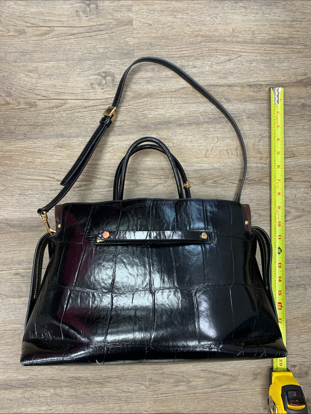 Tory Burch Mercer Black Brown Croc-Embossed Leather Suede Shoulder Tote